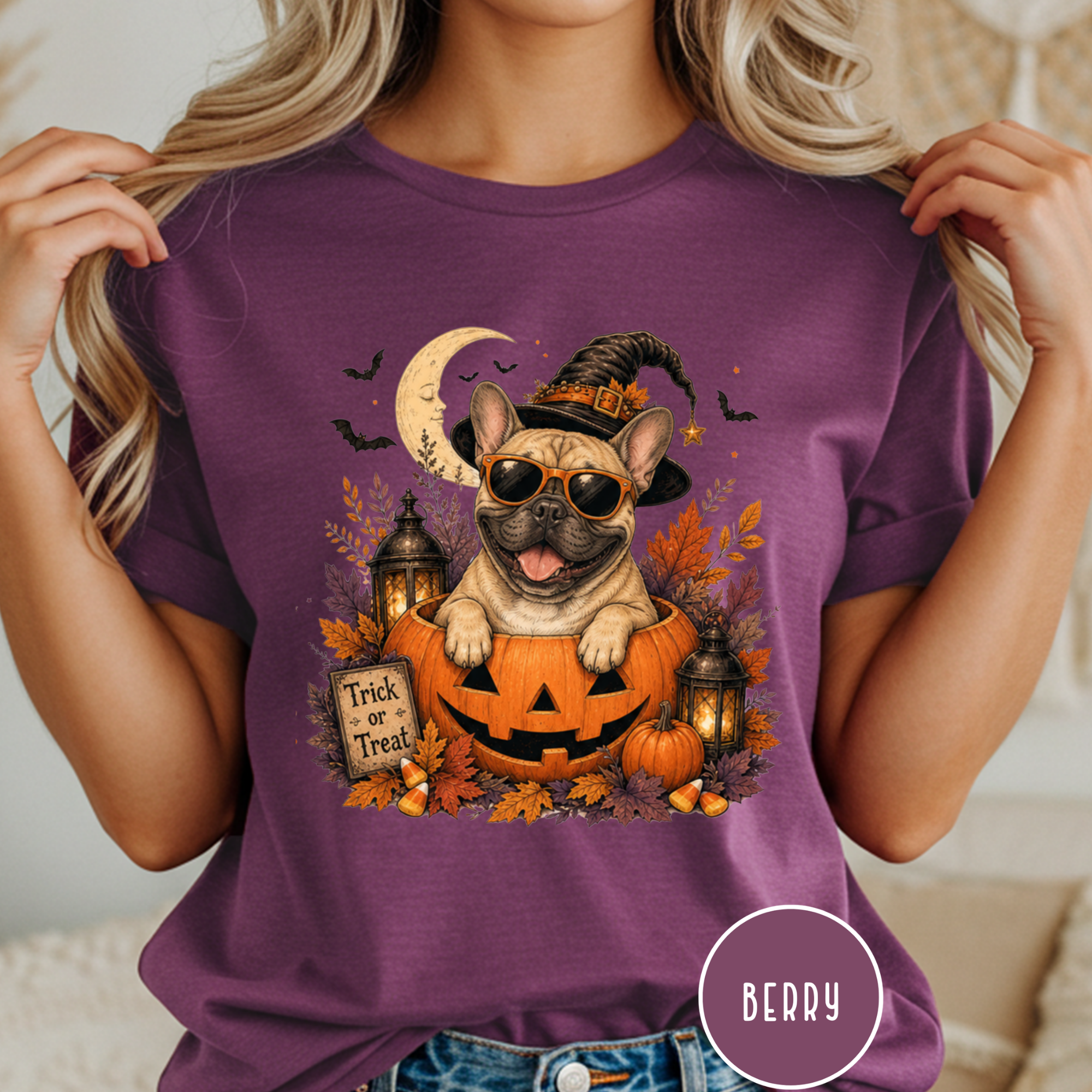 French Bull Dog in a Jack-o-Lantern T-shirt