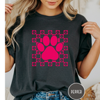 Retro Pink Daisy Grid Paw Print T-shirt