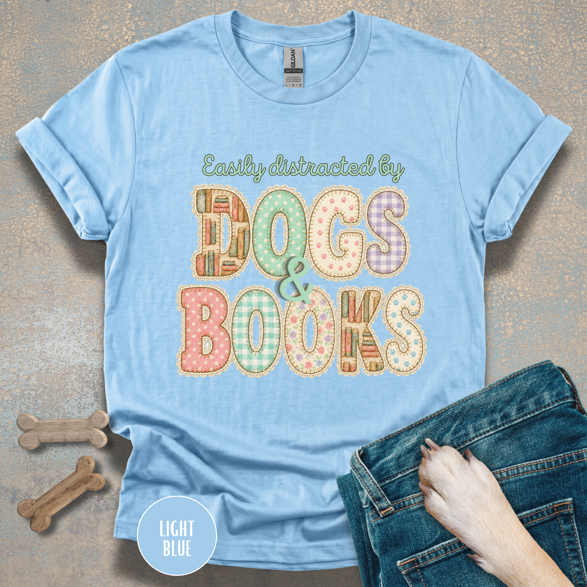 Easily Distracted by Dogs & Books faux patchwork T-Shirt