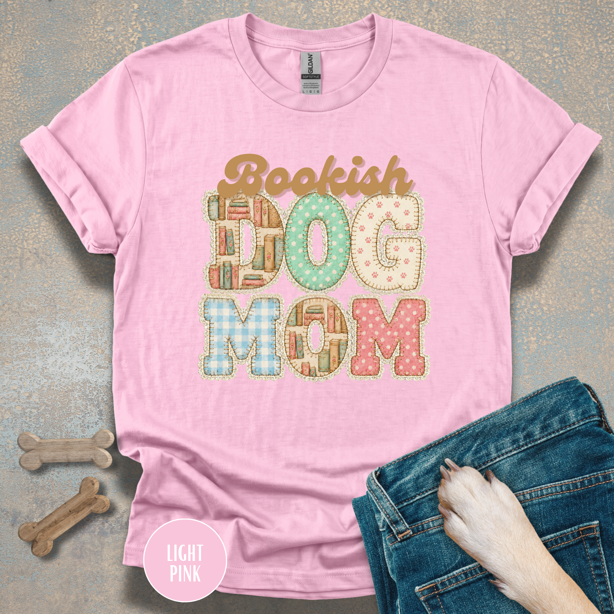 Bookish Dog Mom faux patchwork T-Shirt