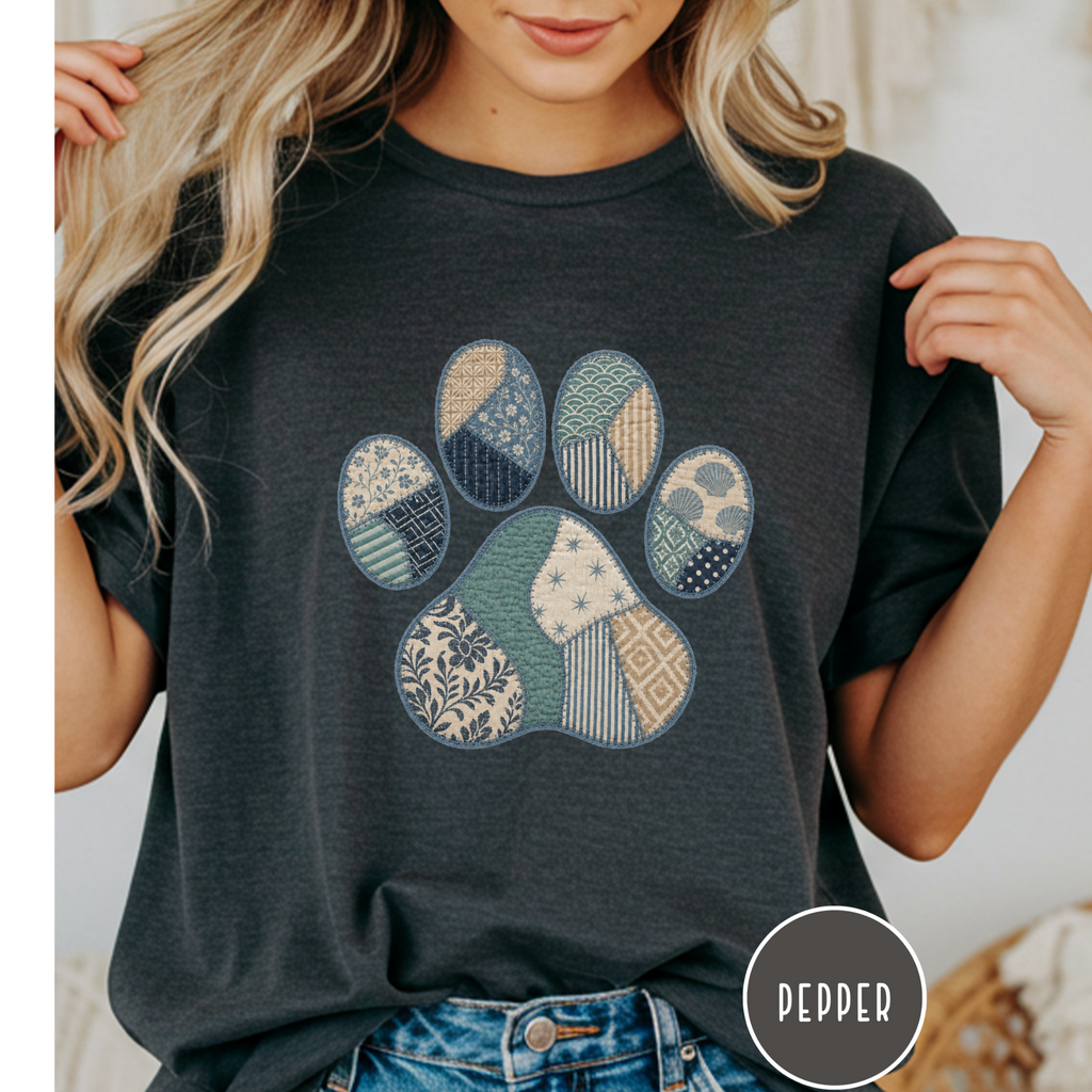 Faux Patchwork Coastal Dog Paw T-shirt
