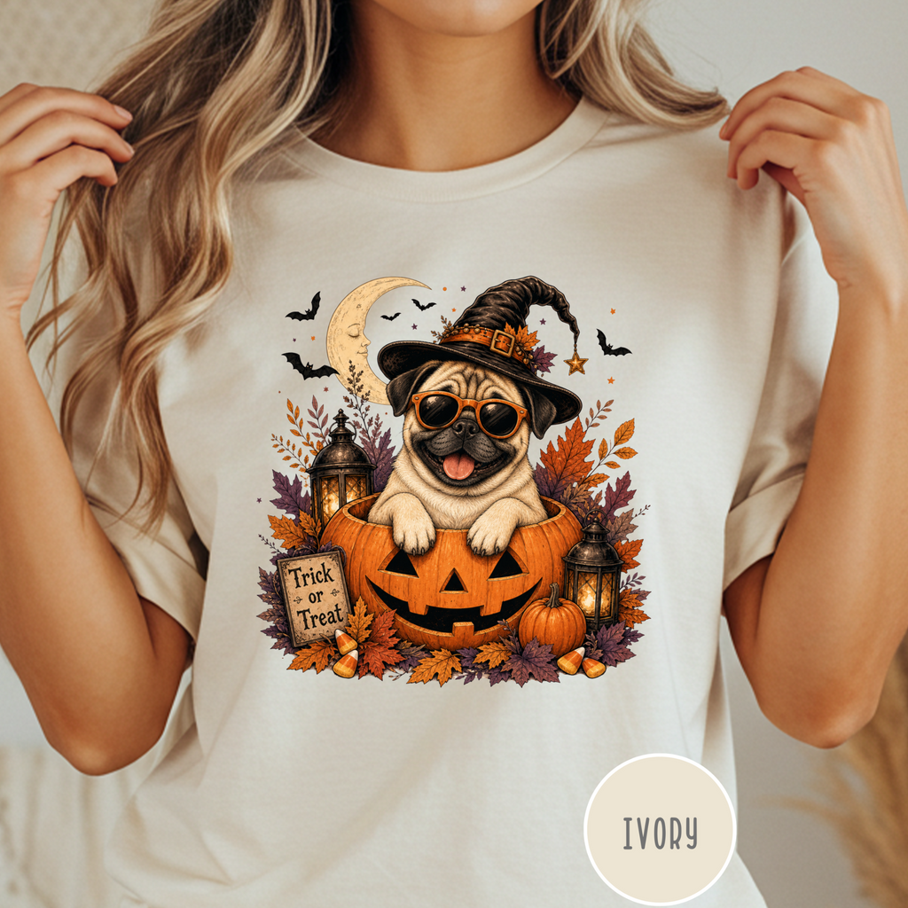 Pug in a Jack-o-Lantern T-shirt
