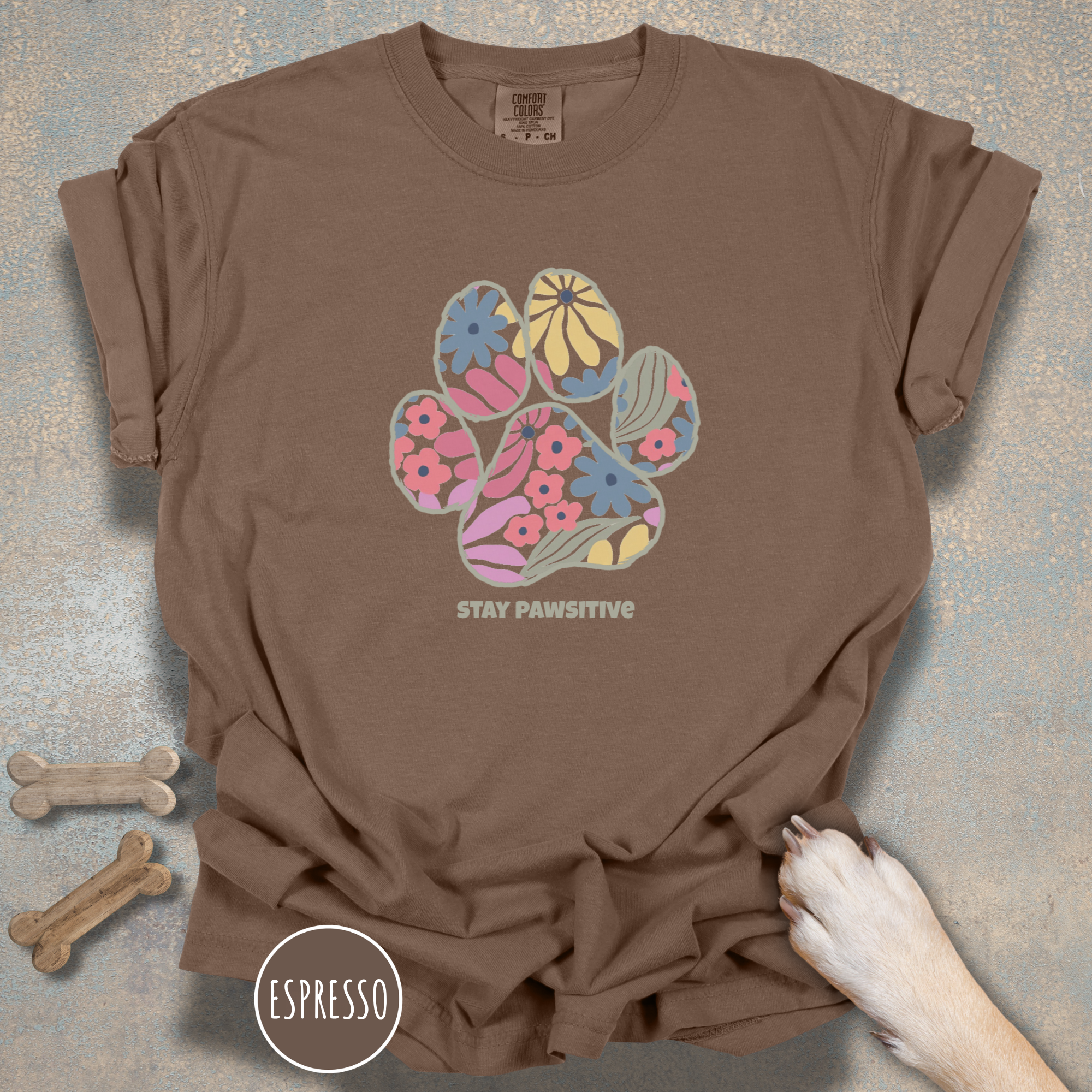 Stay Pawsitive Floral Paw Print T-Shirt