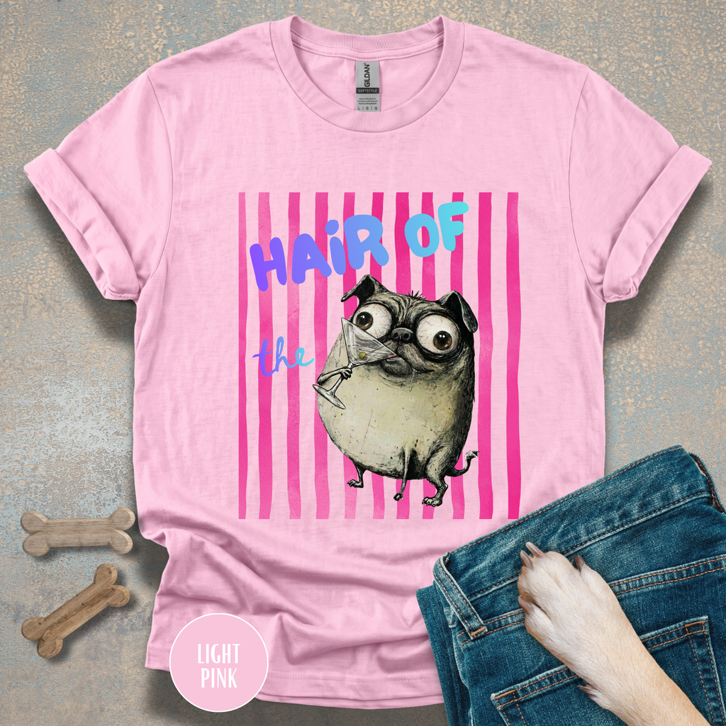 Hair of the Dog Pug Hangover T-Shirt. Pink stripes, blue gradient text