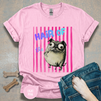 Hair of the Dog Pug Hangover T-Shirt. Pink stripes, blue gradient text