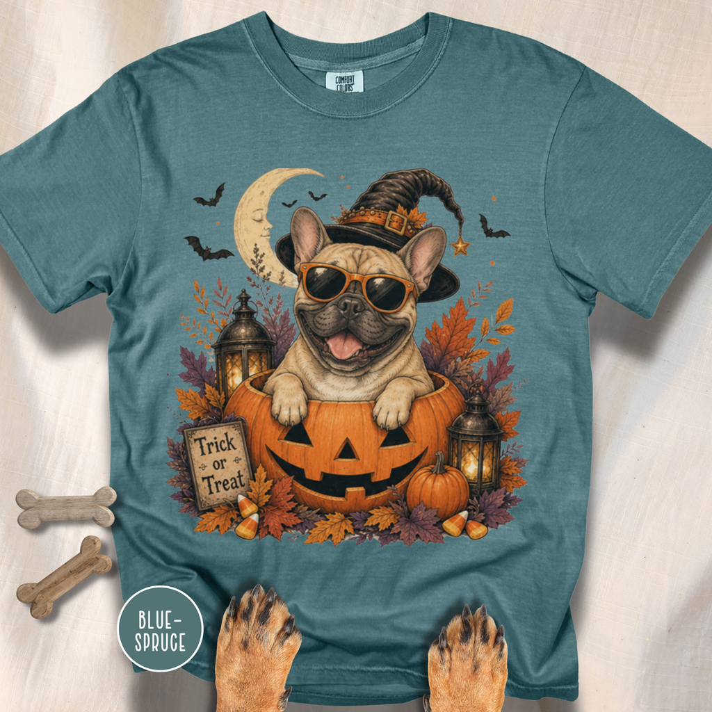 French Bull Dog in a Jack-o-Lantern T-shirt