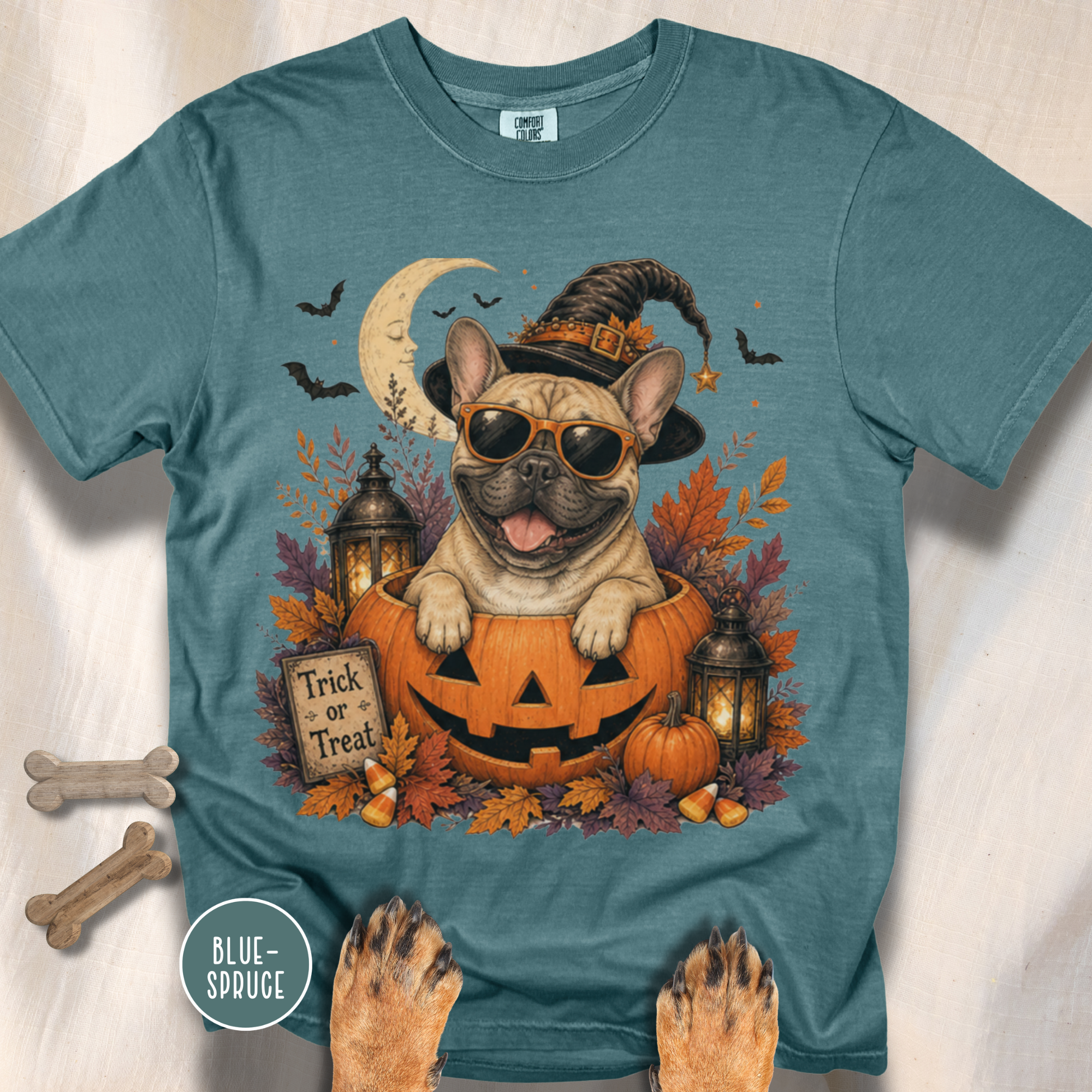 French Bull Dog in a Jack-o-Lantern T-shirt