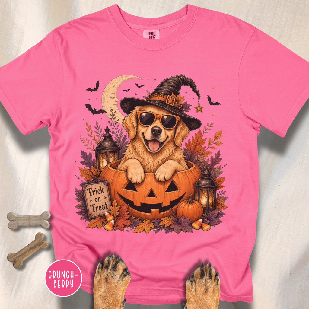 Golden Retriever in a Jack-o-Lantern T-shirt