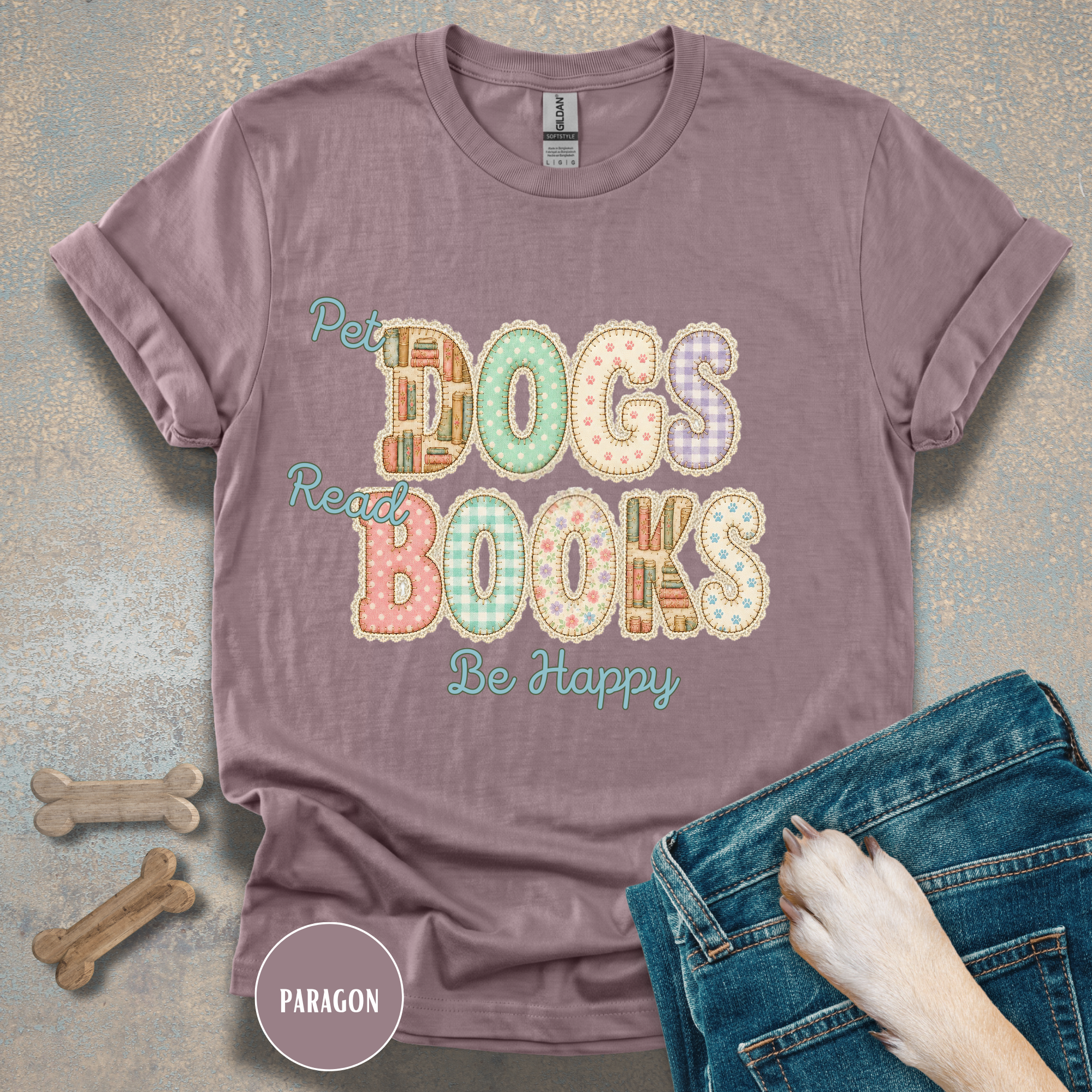 Pet Dogs, Read Books, Be Happy faux patchwork T-Shirt