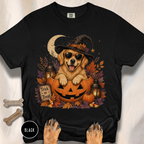 Golden Retriever in a Jack-o-Lantern T-shirt