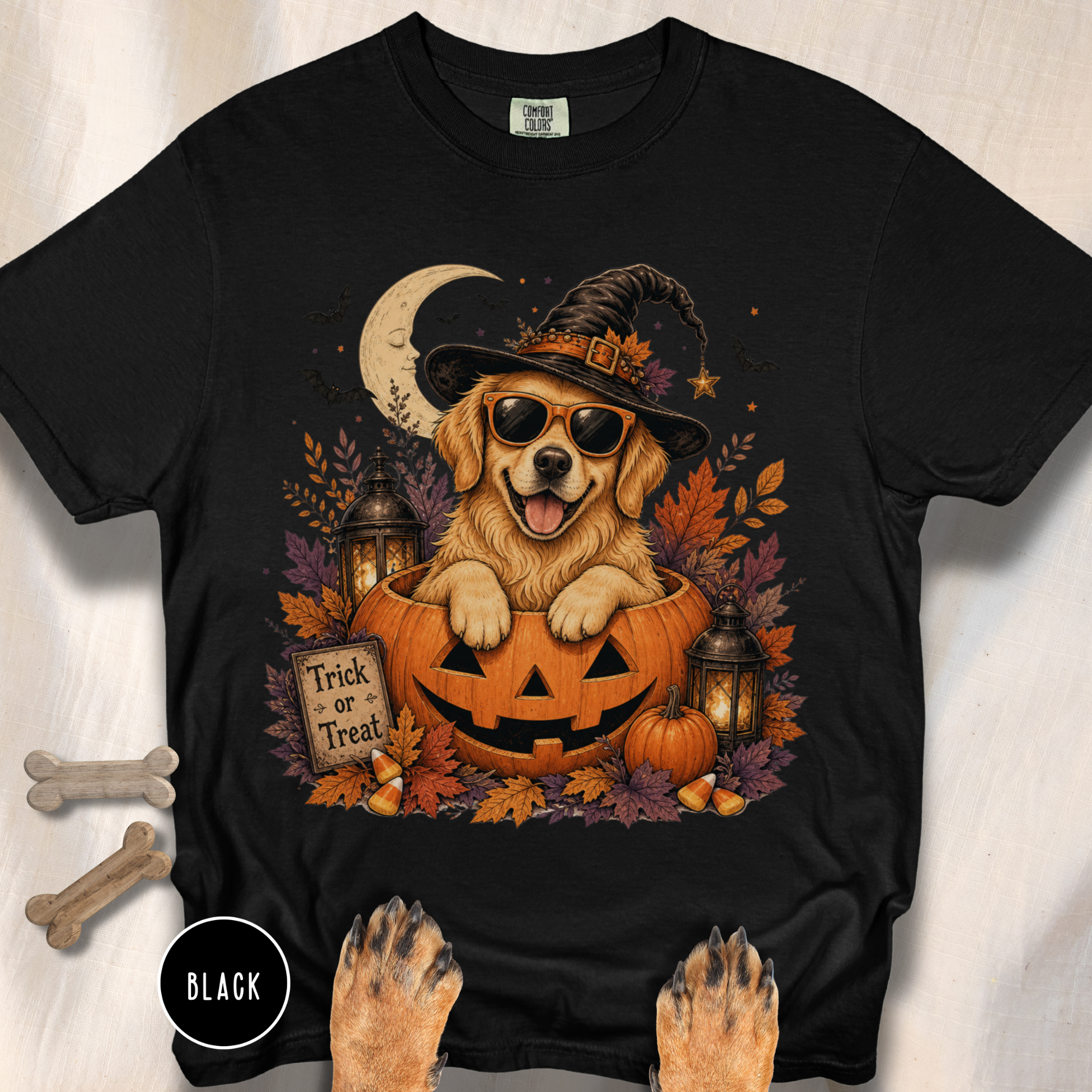 Golden Retriever in a Jack-o-Lantern T-shirt
