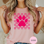 Retro Pink Daisy Grid Paw Print T-shirt