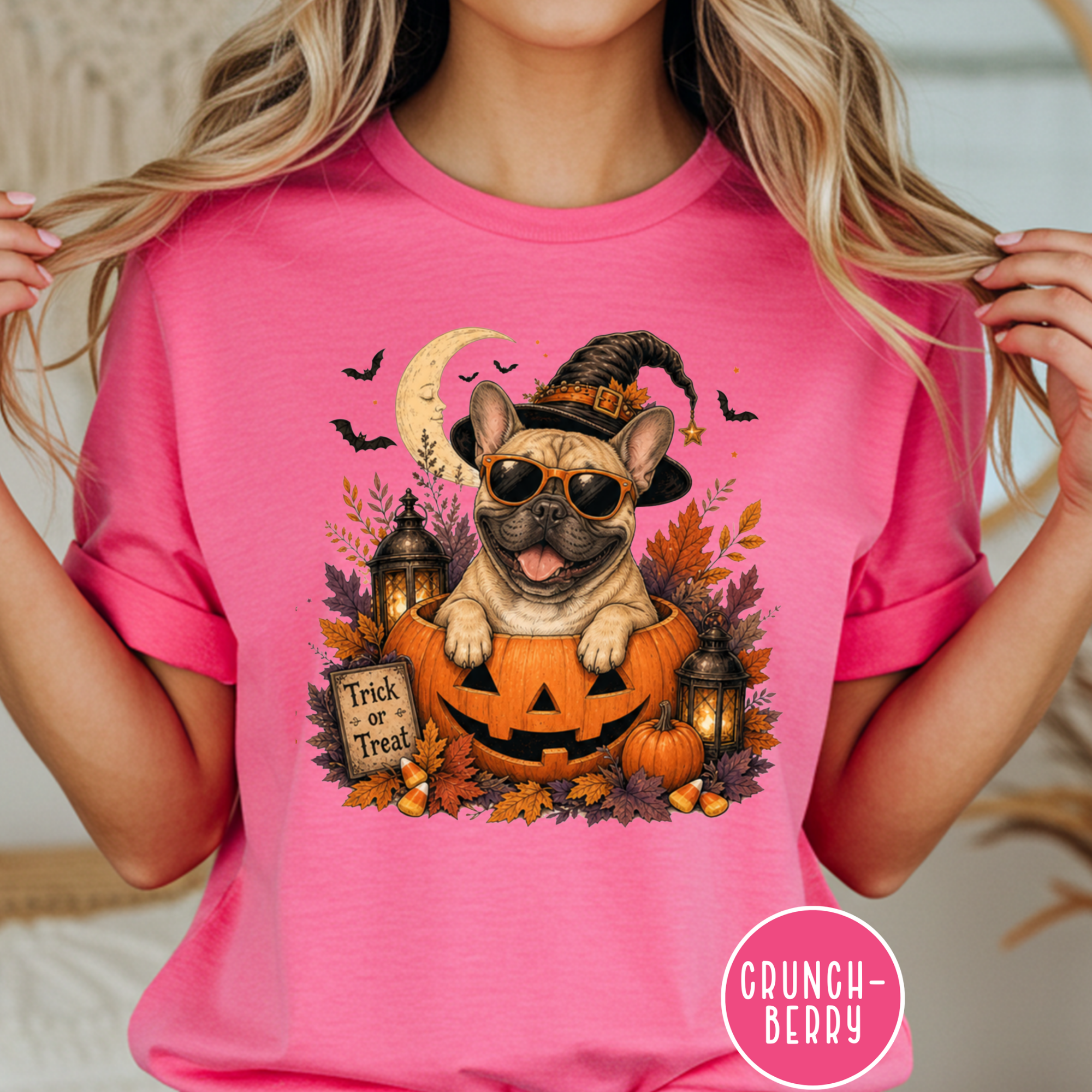 French Bull Dog in a Jack-o-Lantern T-shirt