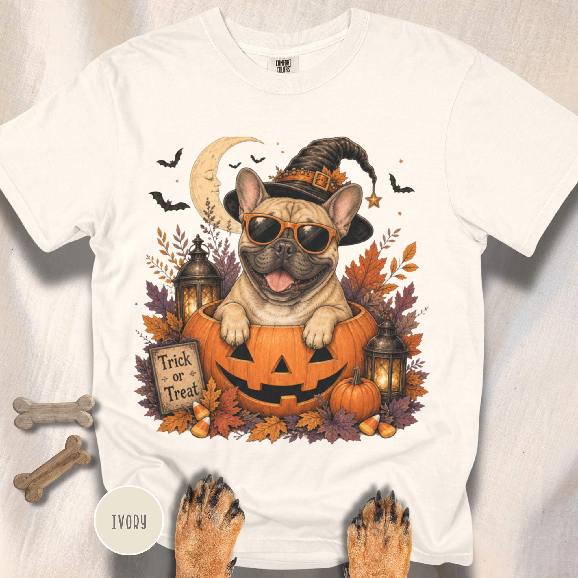 French Bull Dog in a Jack-o-Lantern T-shirt
