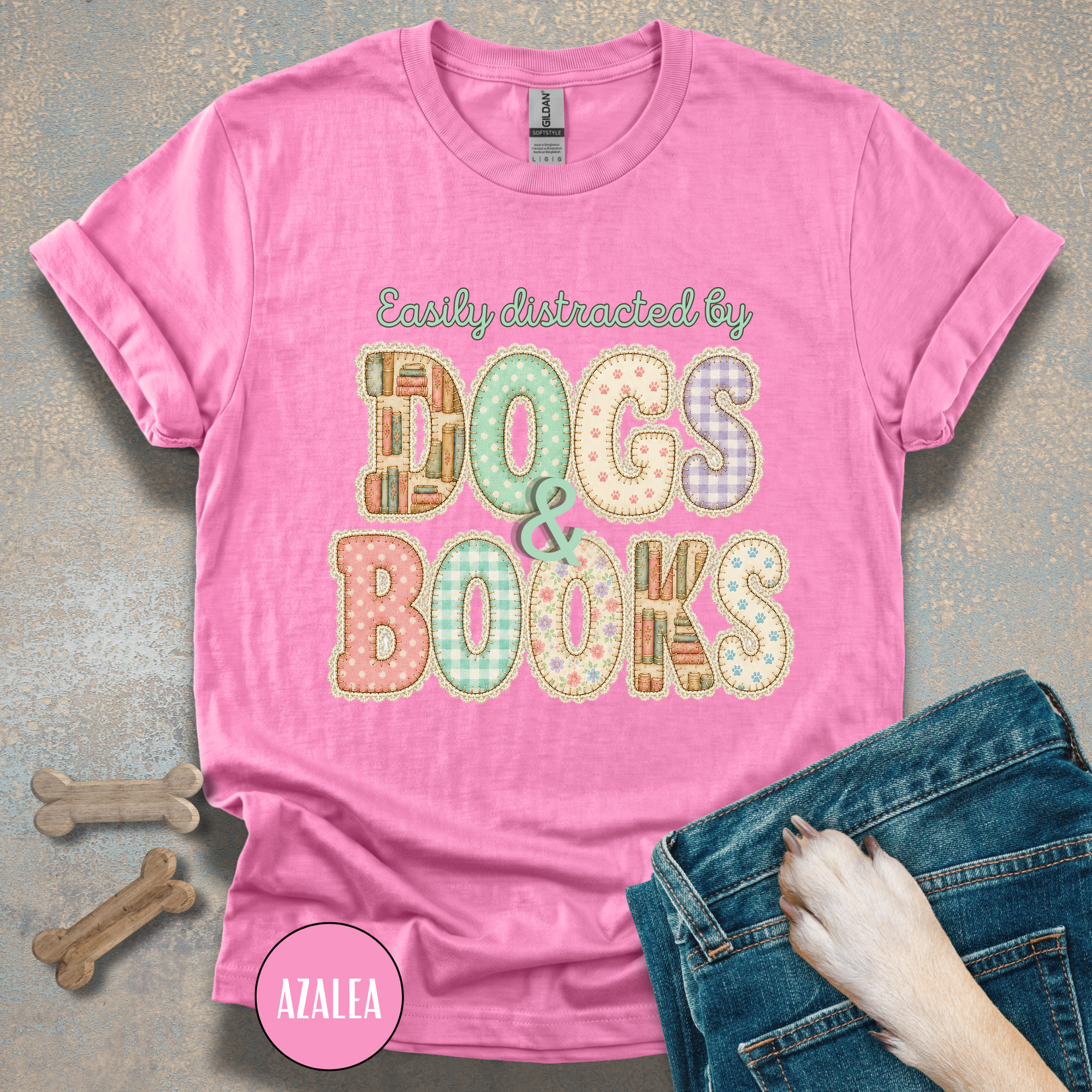 Easily Distracted by Dogs & Books faux patchwork T-Shirt