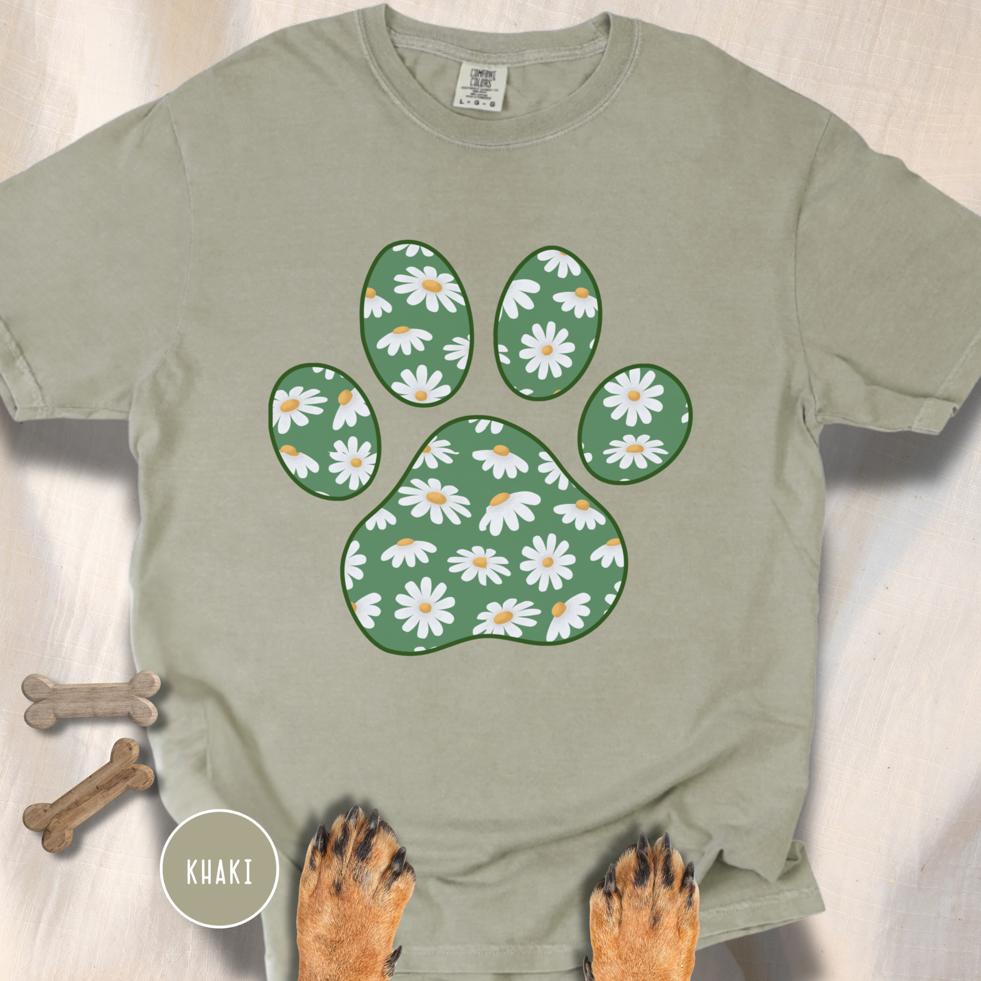 Daisies on Green Dog Paw T-shirt