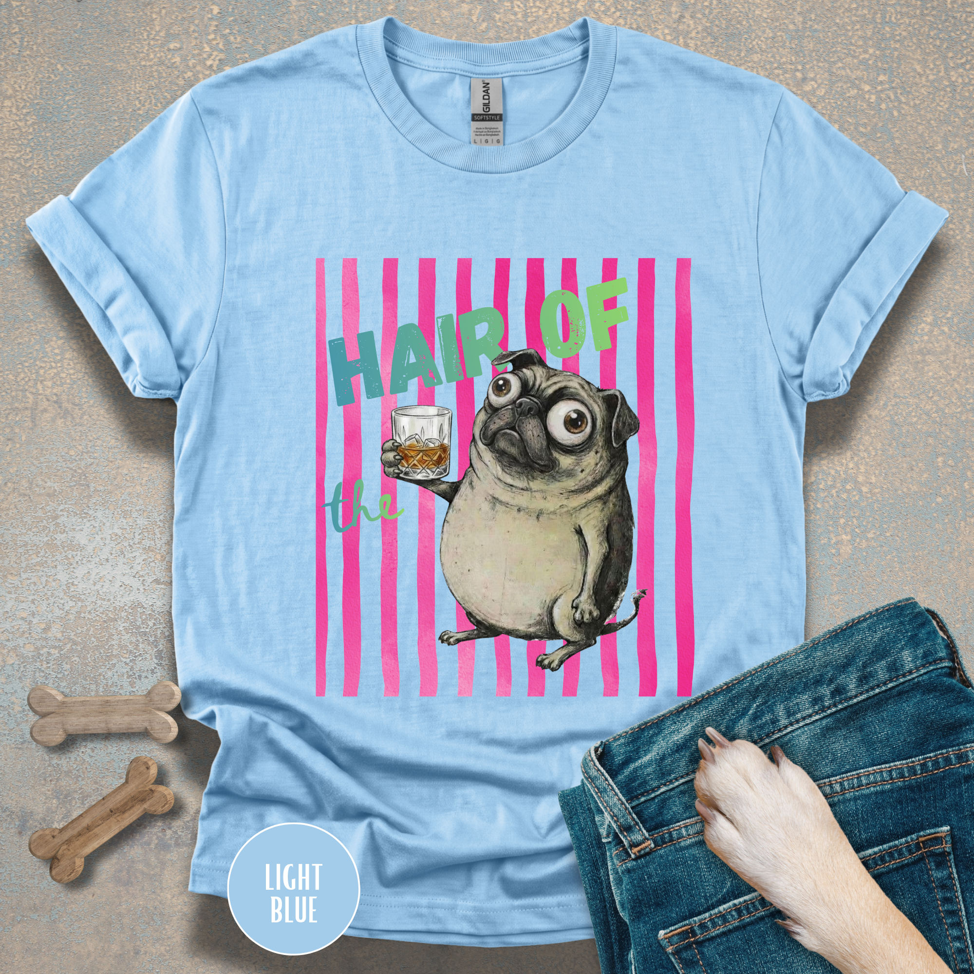 Whiskey, Hair of the Dog Pug Hangover T-Shirt. Pink stripes