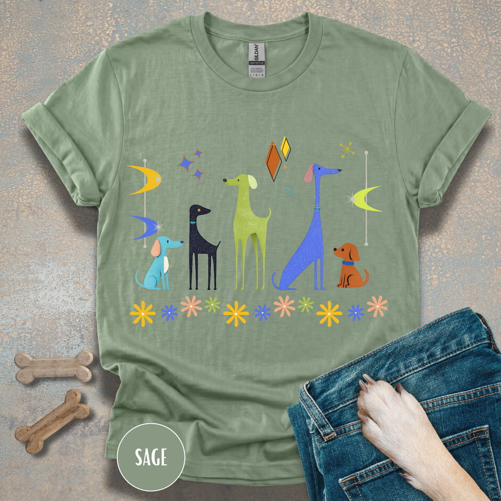 Retro Atomic Dogs Graphic T-Shirt – Mid Century Modern Dog Lover Tee