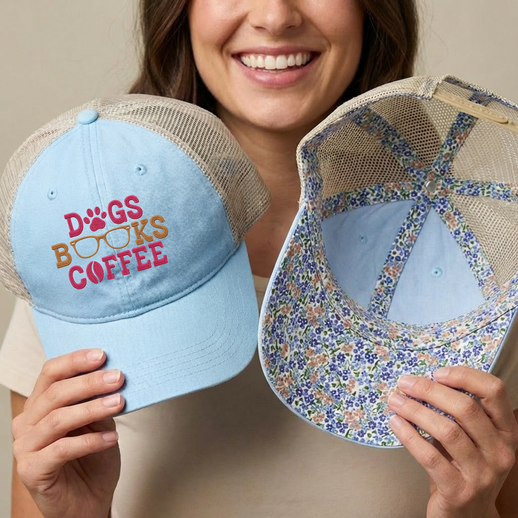 Dogs Books Coffee Embroidered Mesh Trucker Hat