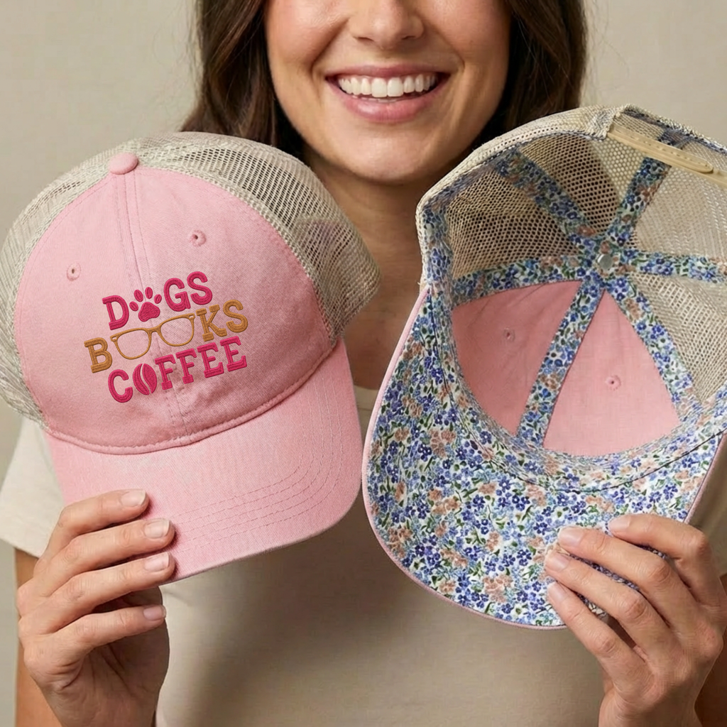 Dogs Books Coffee Embroidered Mesh Trucker Hat