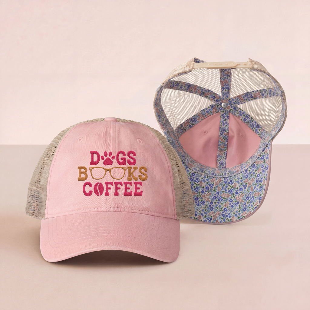 Dogs Books Coffee Embroidered Mesh Trucker Hat