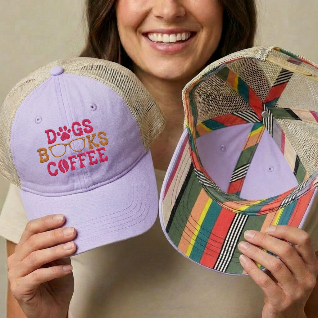 Dogs Books Coffee Embroidered Mesh Trucker Hat
