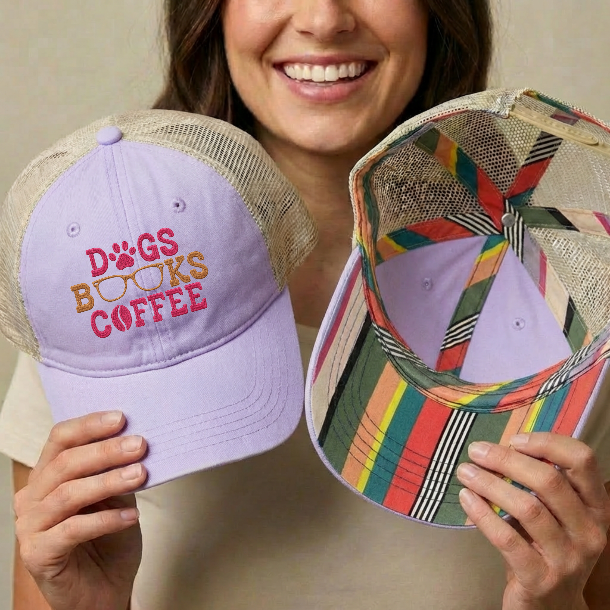 Dogs Books Coffee Embroidered Mesh Trucker Hat