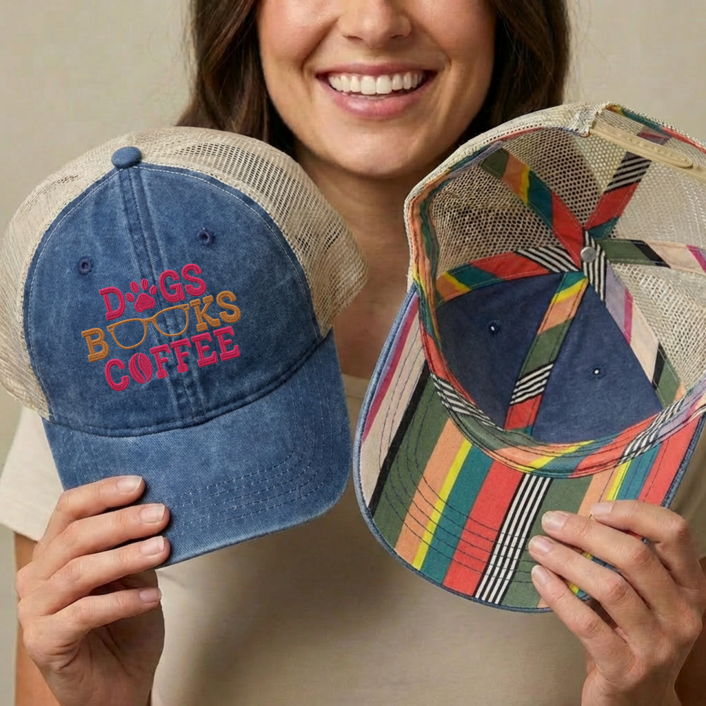 Dogs Books Coffee Embroidered Mesh Trucker Hat