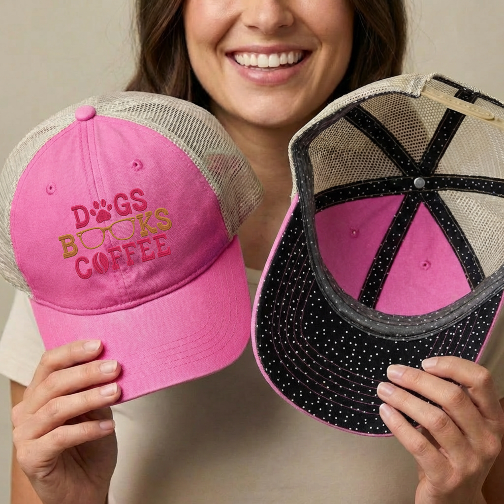 Dogs Books Coffee Embroidered Mesh Trucker Hat