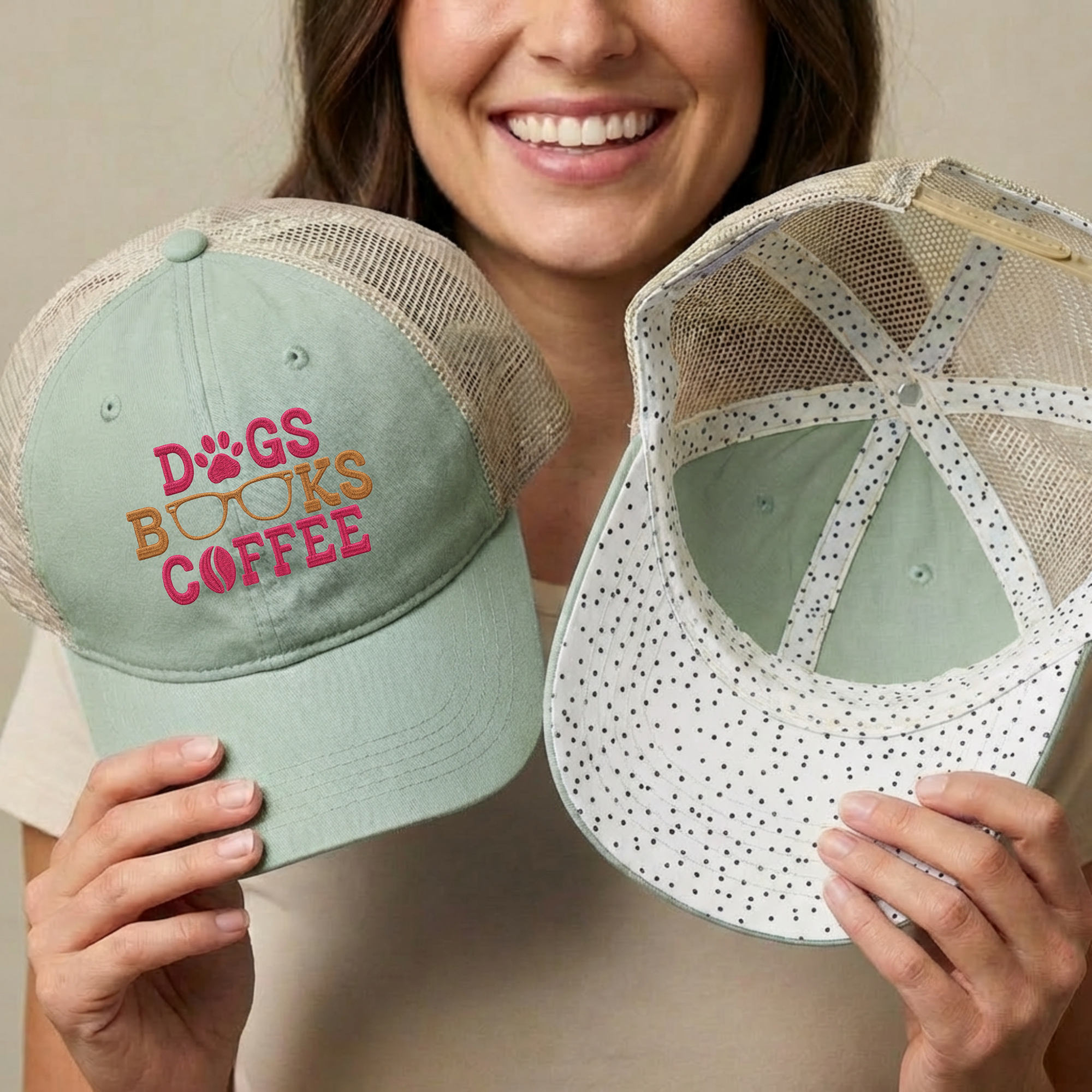 Dogs Books Coffee Embroidered Mesh Trucker Hat