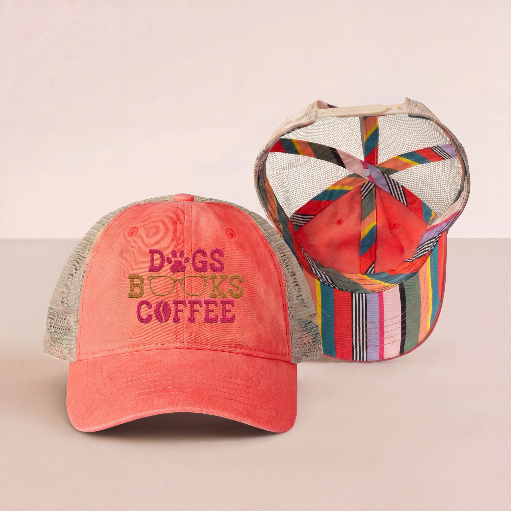Dogs Books Coffee Embroidered Mesh Trucker Hat