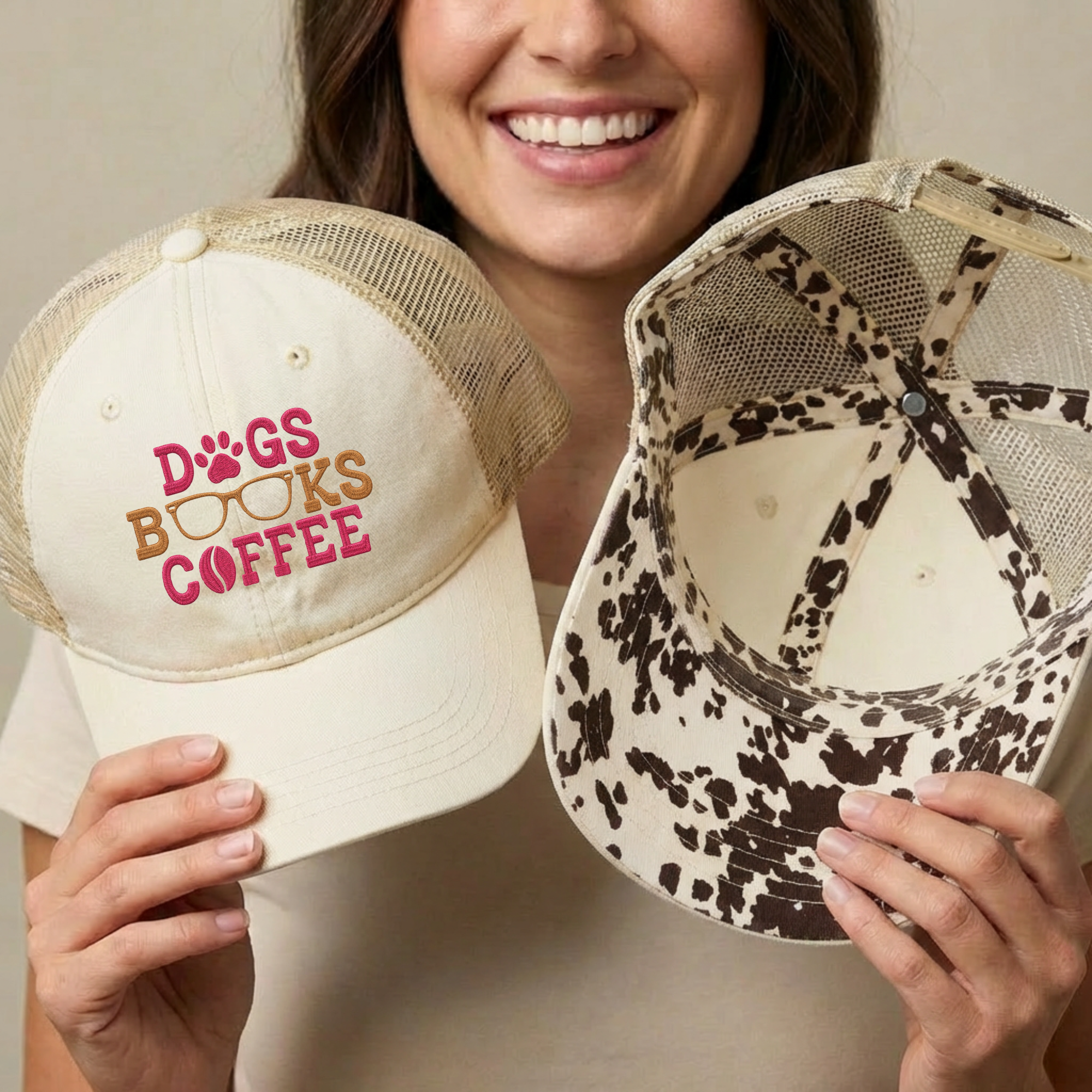 Dogs Books Coffee Embroidered Mesh Trucker Hat