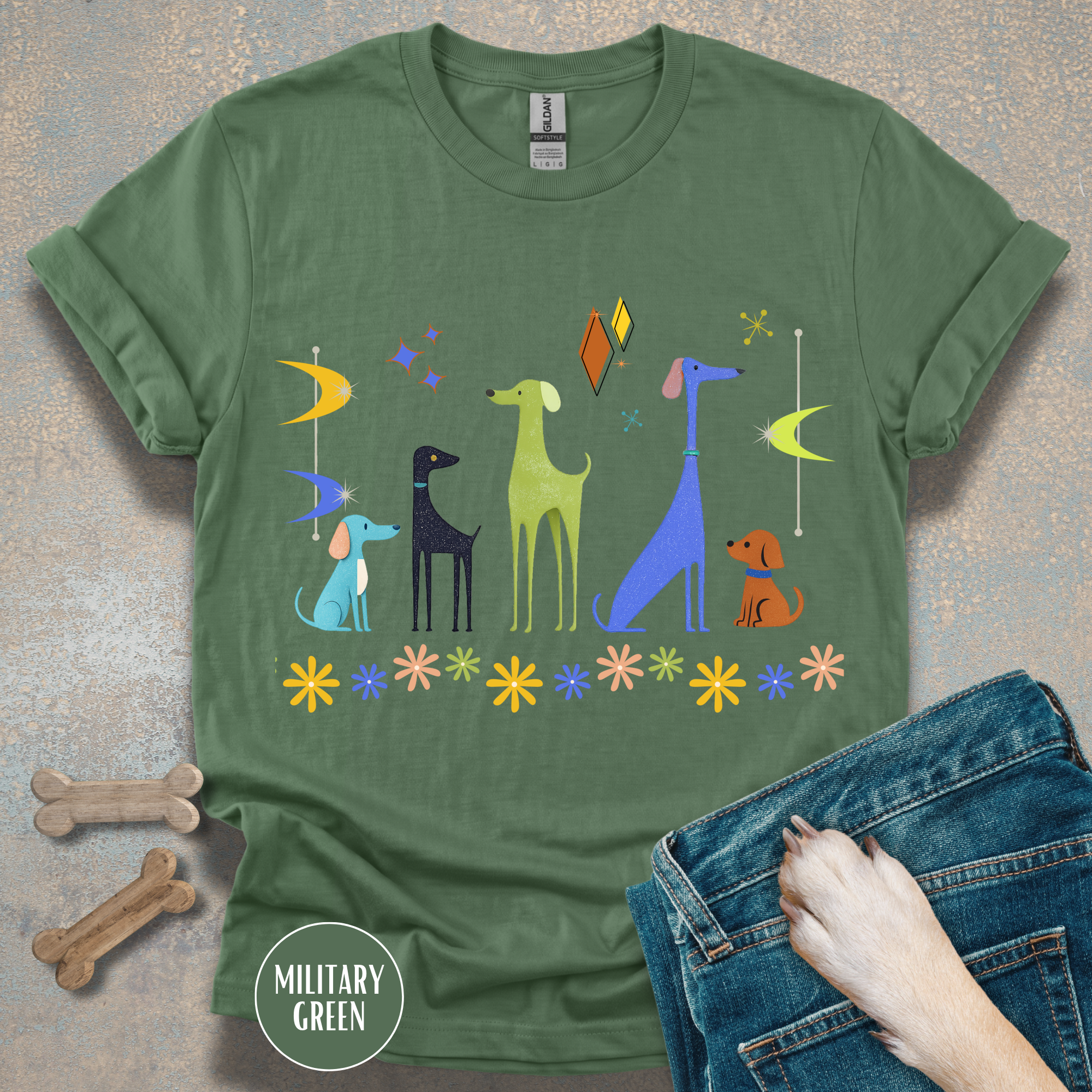 Retro Atomic Dogs Graphic T-Shirt – Mid Century Modern Dog Lover Tee