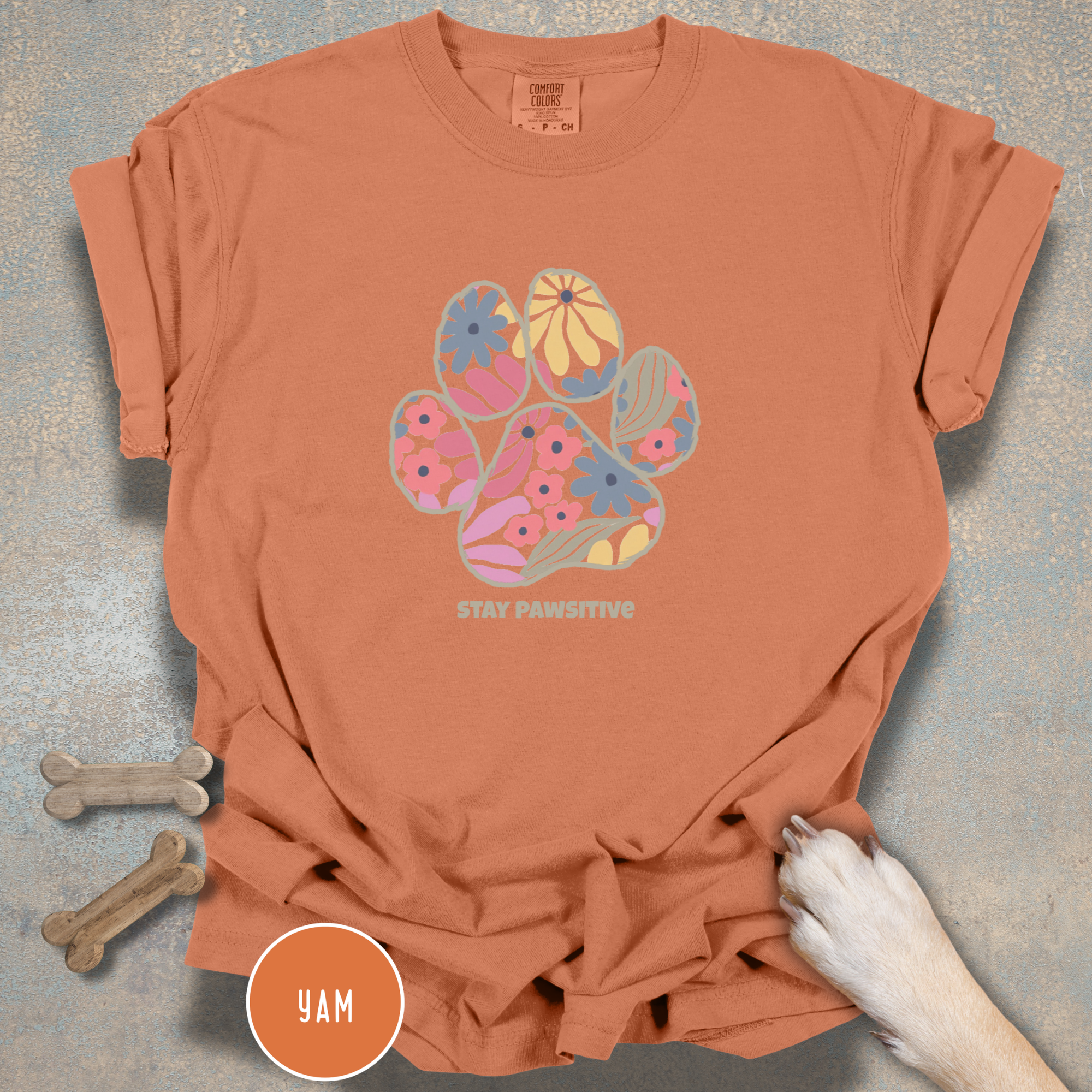 Stay Pawsitive Floral Paw Print T-Shirt
