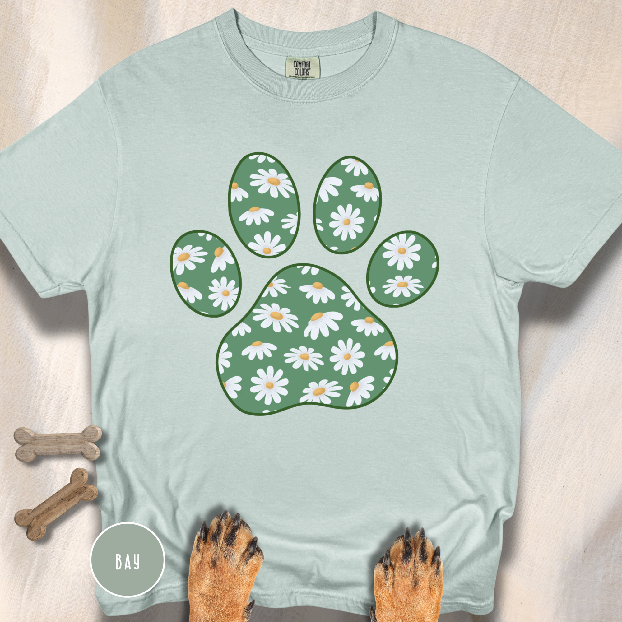Daisies on Green Dog Paw T-shirt