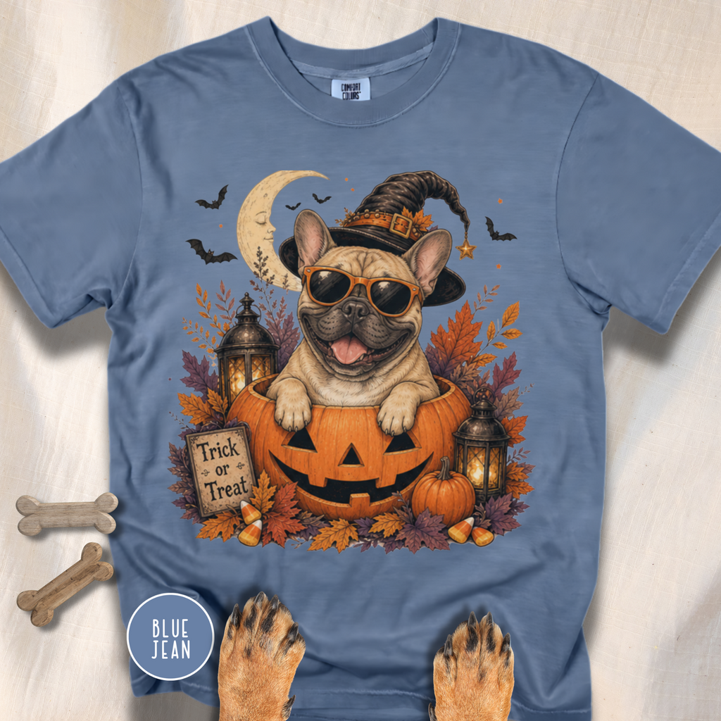 French Bull Dog in a Jack-o-Lantern T-shirt