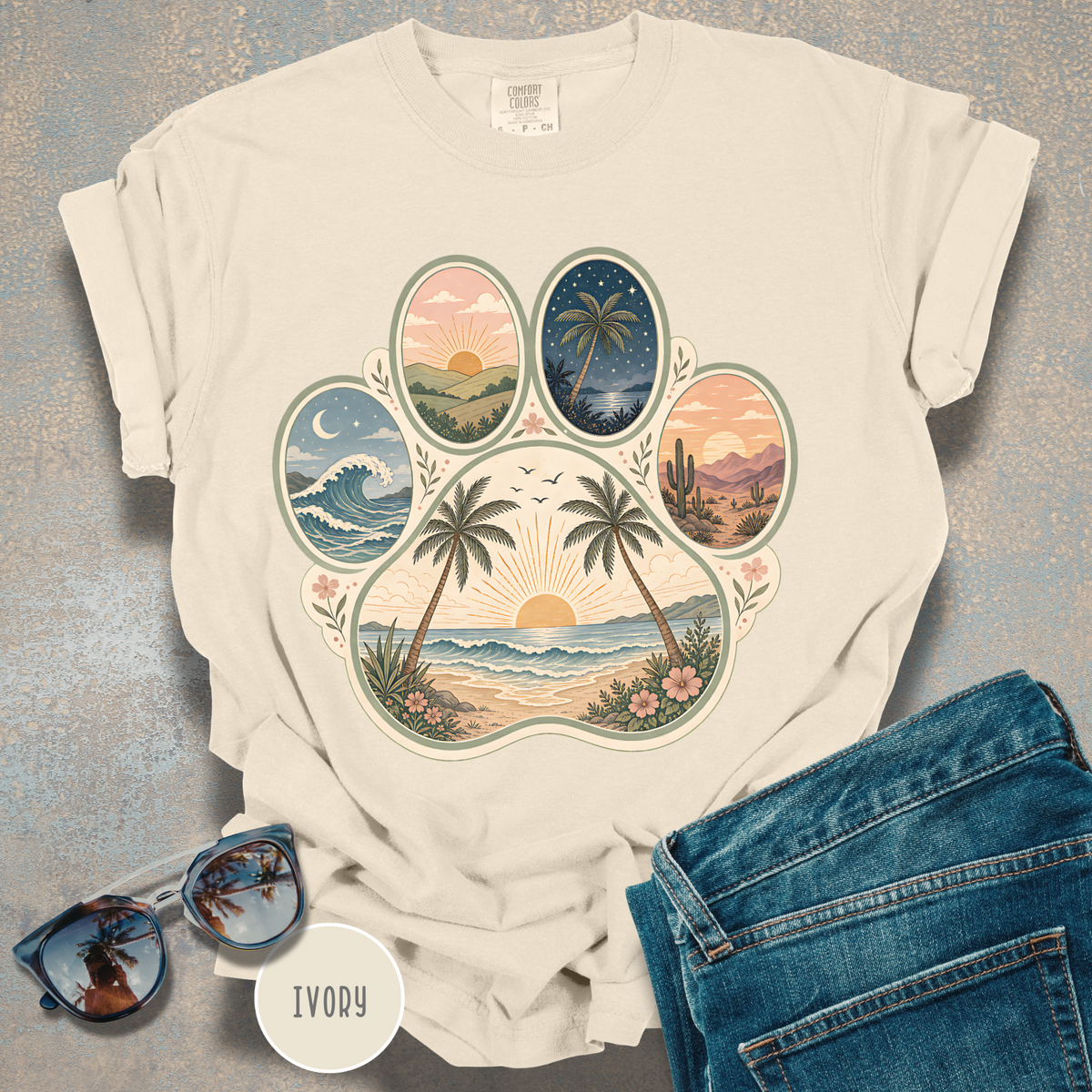 Retro Beach Scene Paw Print T-shirt