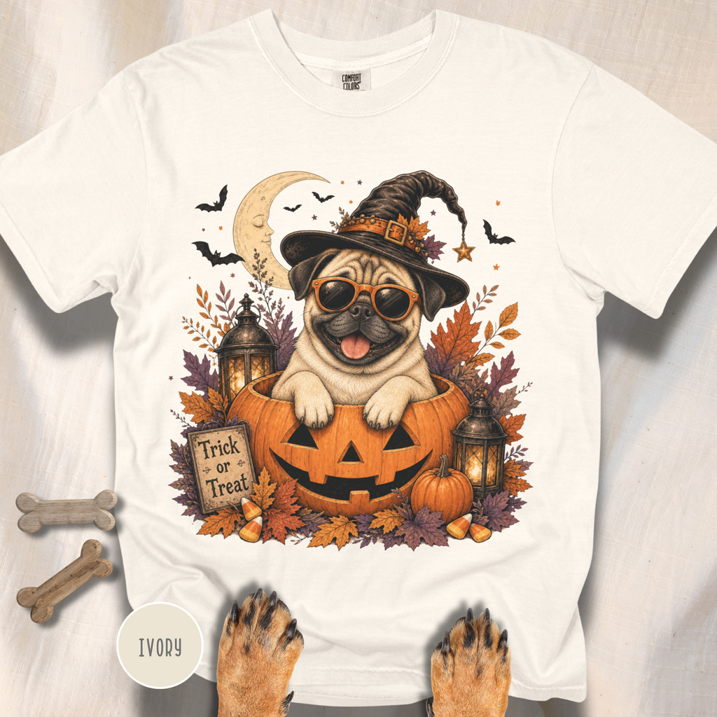 Pug in a Jack-o-Lantern T-shirt