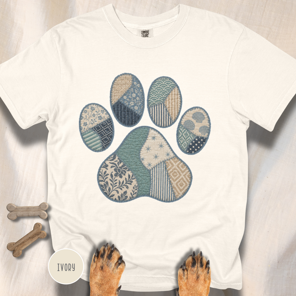 Faux Patchwork Coastal Dog Paw T-shirt