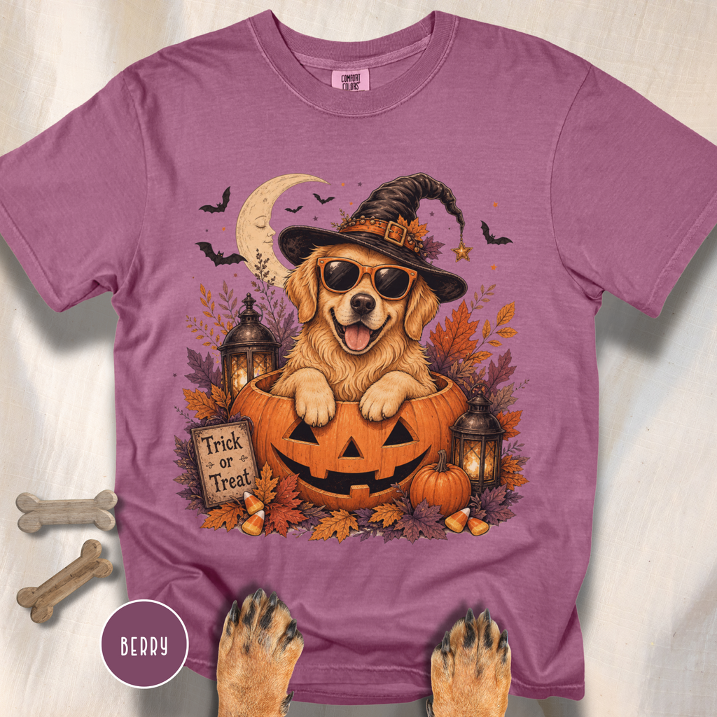 Golden Retriever in a Jack-o-Lantern T-shirt