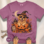 Golden Retriever in a Jack-o-Lantern T-shirt