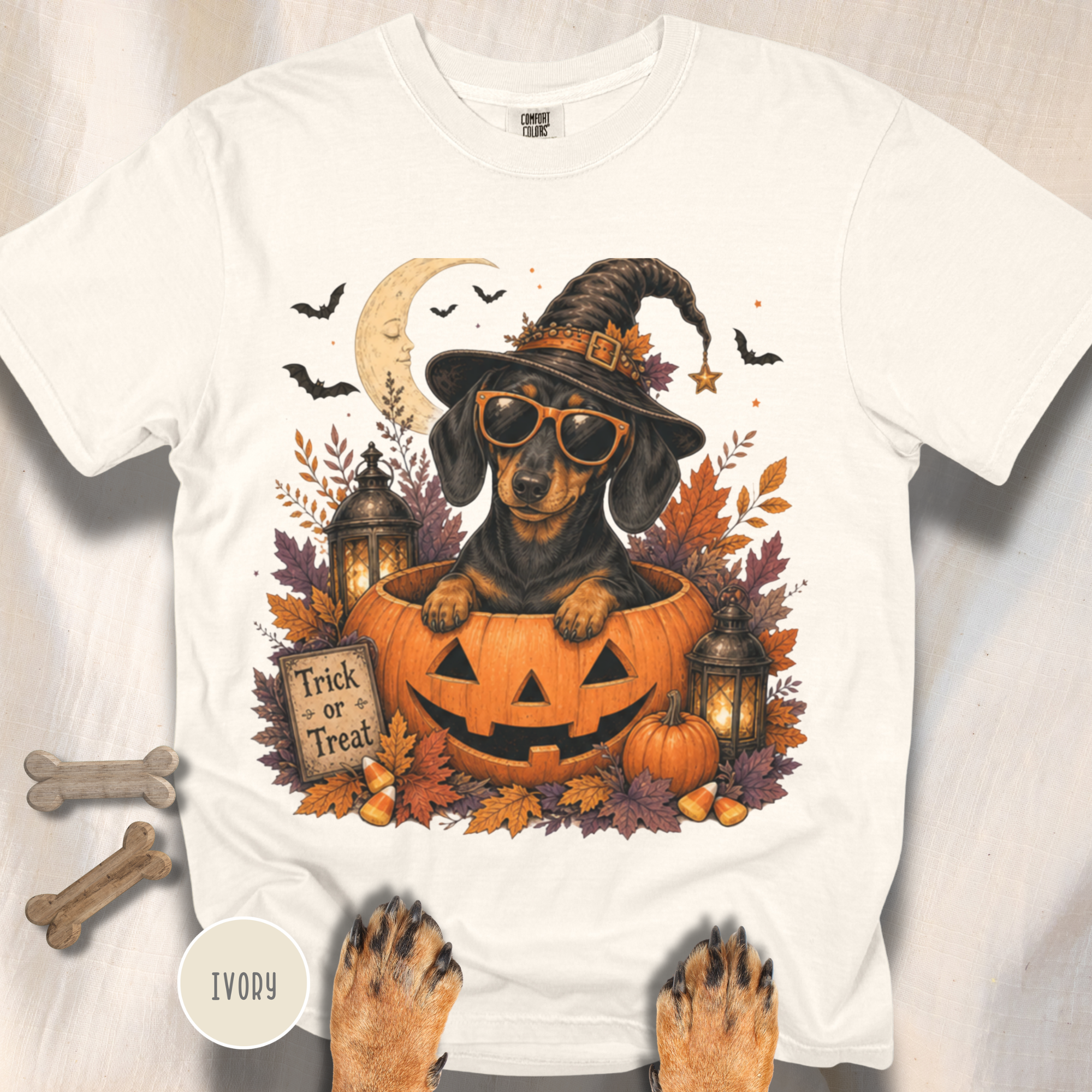 Dachshund in a Jack-o-Lantern T-shirt