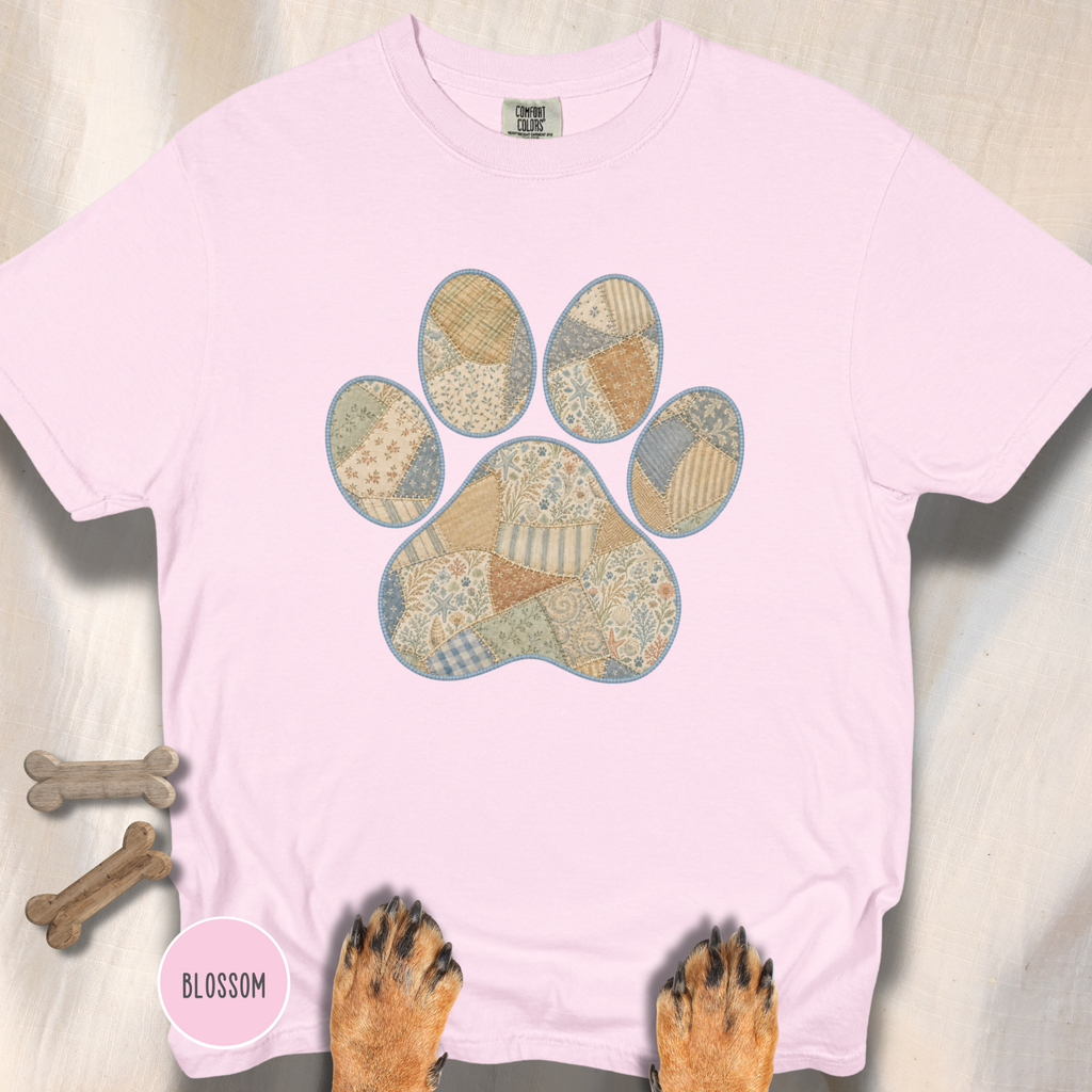 Faux Patchwork Coastal Seashore Dog Paw T-Shirt