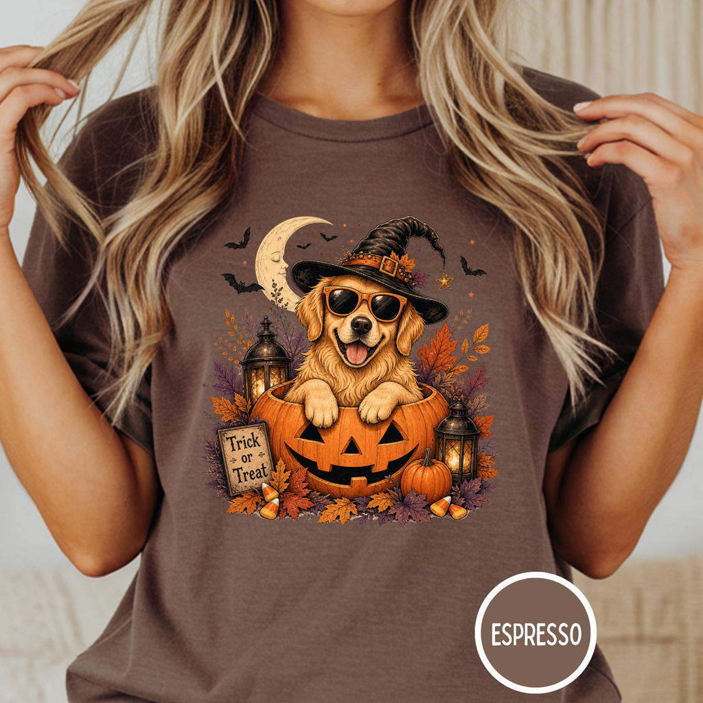 Golden Retriever in a Jack-o-Lantern T-shirt