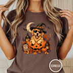 Golden Retriever in a Jack-o-Lantern T-shirt