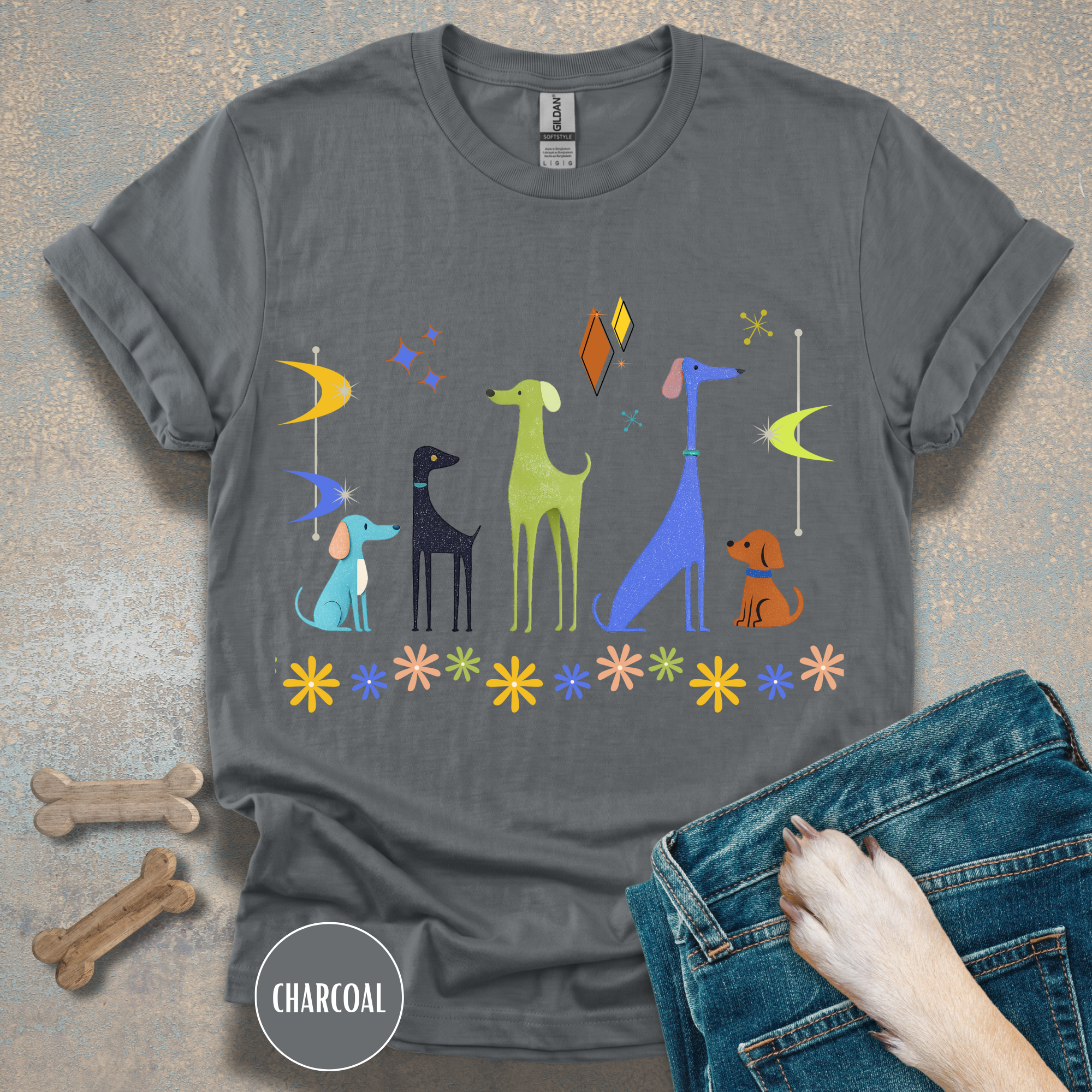 Retro Atomic Dogs Graphic T-Shirt – Mid Century Modern Dog Lover Tee
