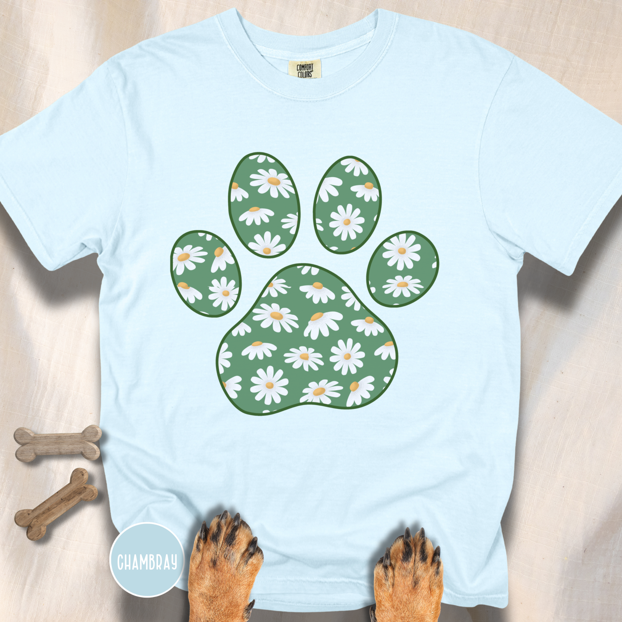 Daisies on Green Dog Paw T-shirt