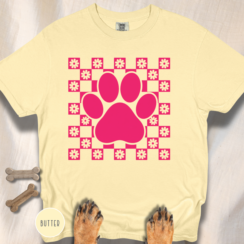 Retro Pink Daisy Grid Paw Print T-shirt