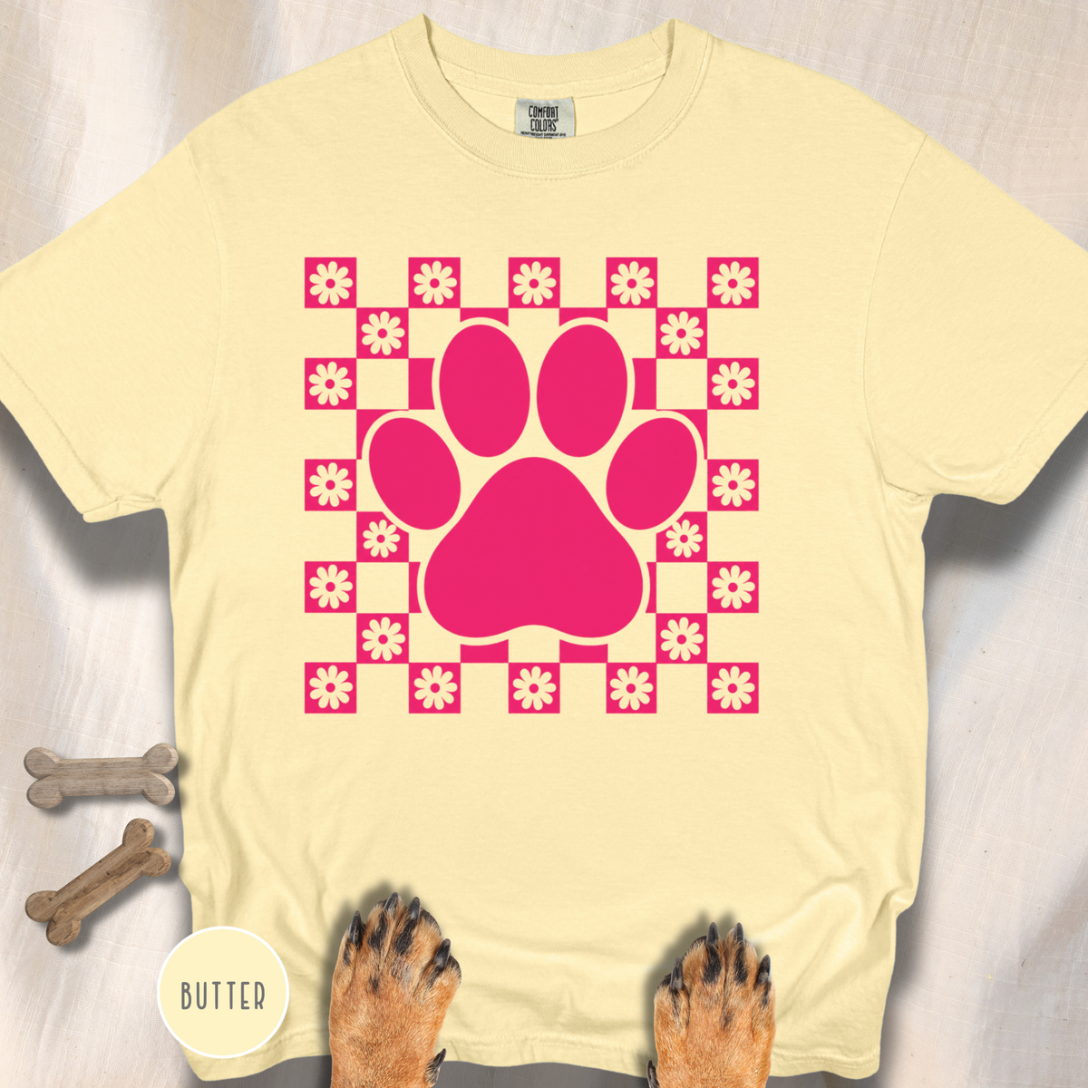 Retro Pink Daisy Grid Paw Print T-shirt