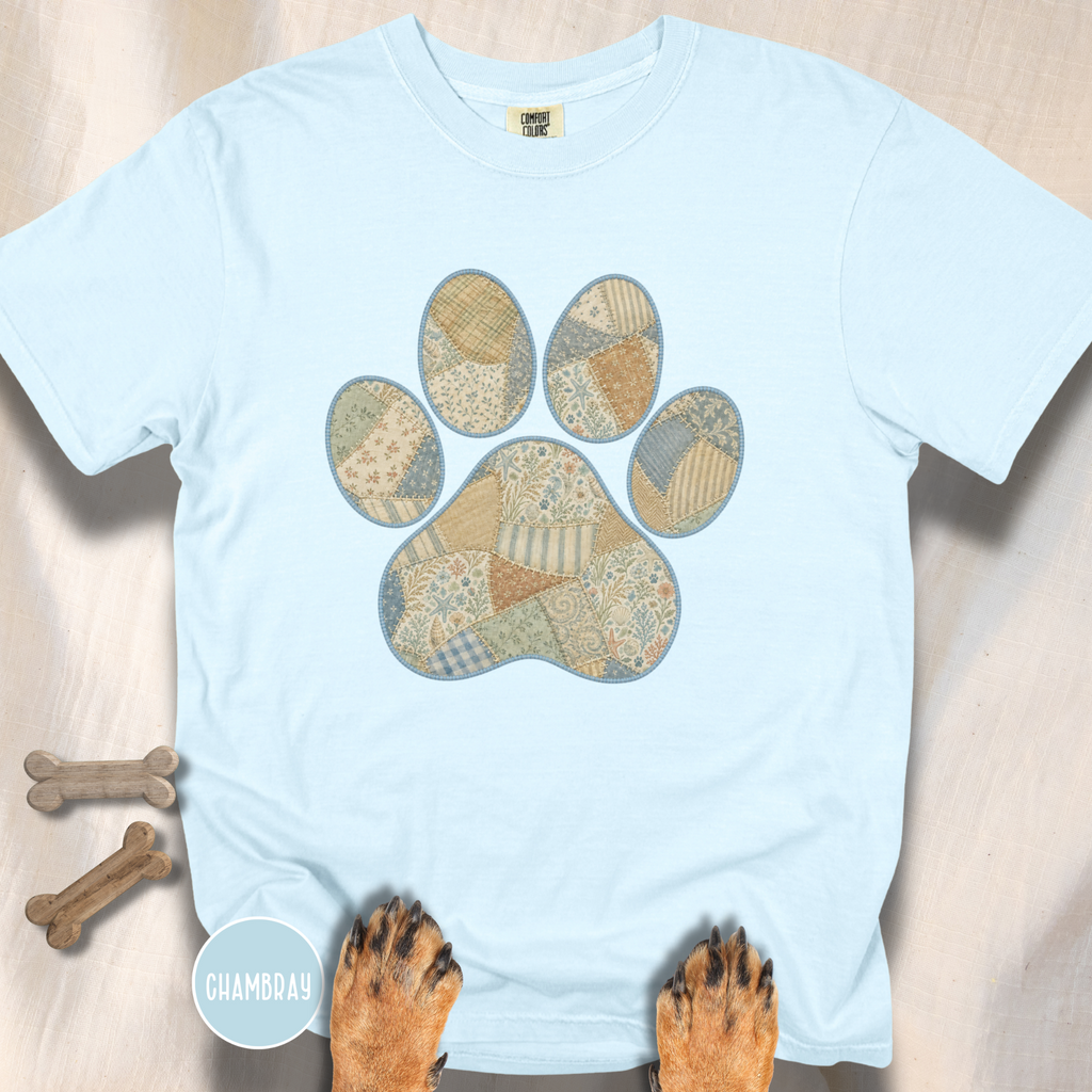 Faux Patchwork Coastal Seashore Dog Paw T-Shirt